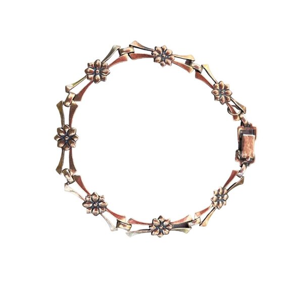 Symmetalic Vintage Floral Link Bracelet 7.5 14K Gold Filled and Sterling Art De - Picture 2 of 6